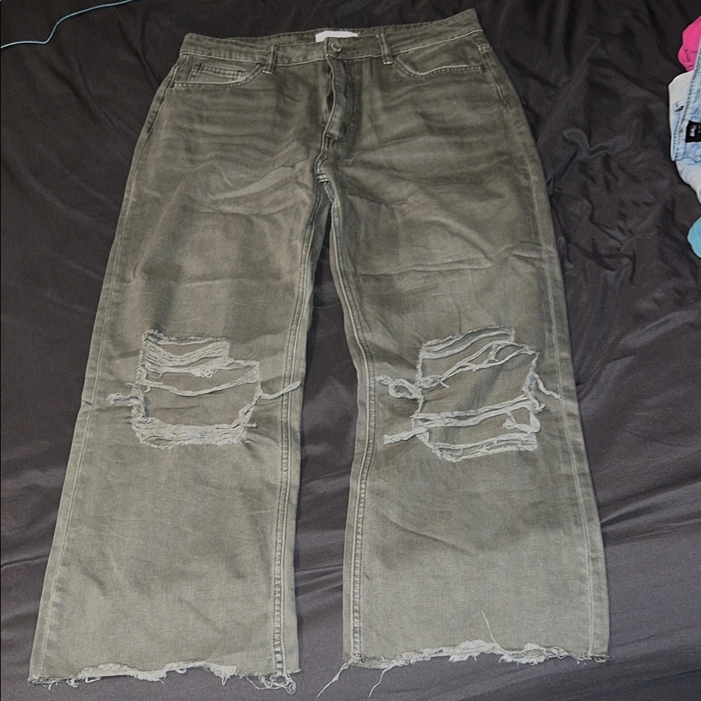 Distressed Olive Green Crop Jeans